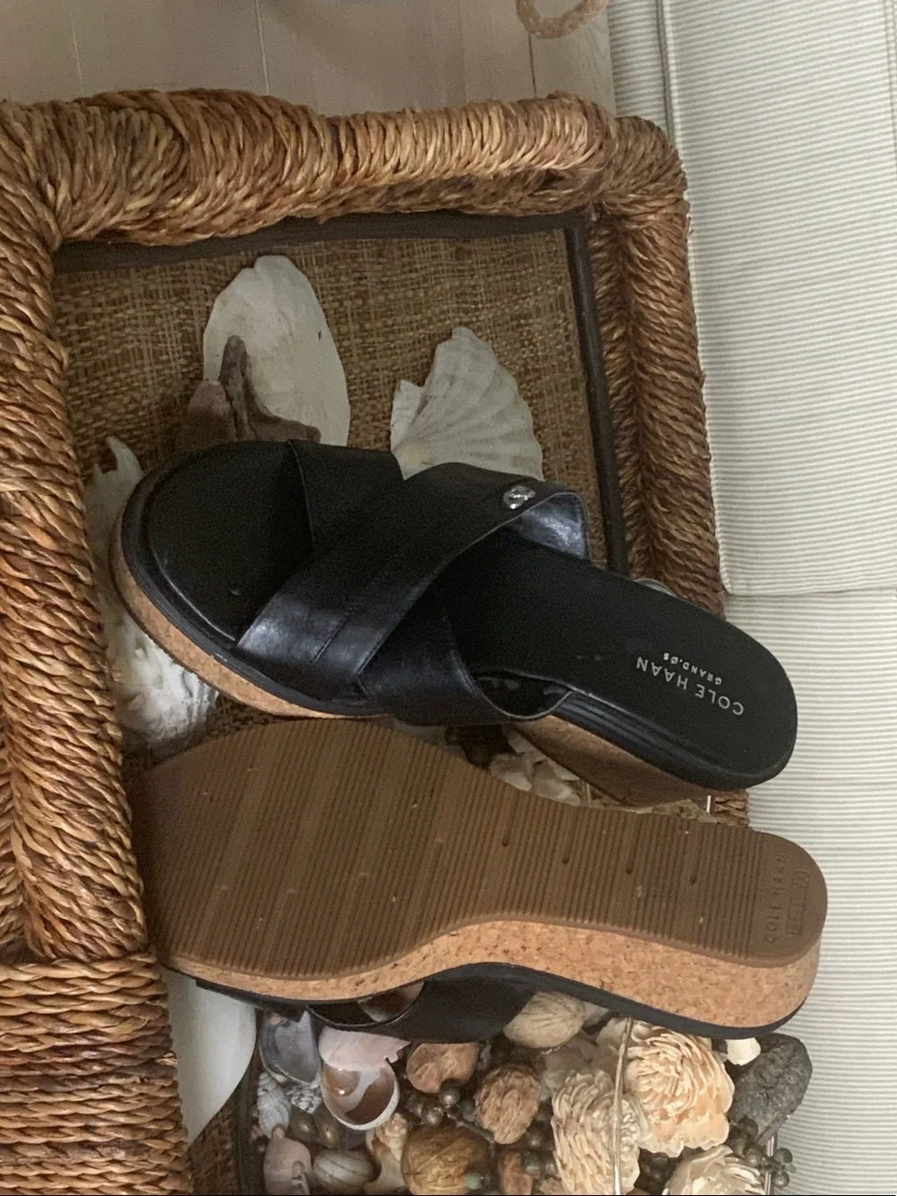 Cole Haan Black Leather Cork Wedge Slides